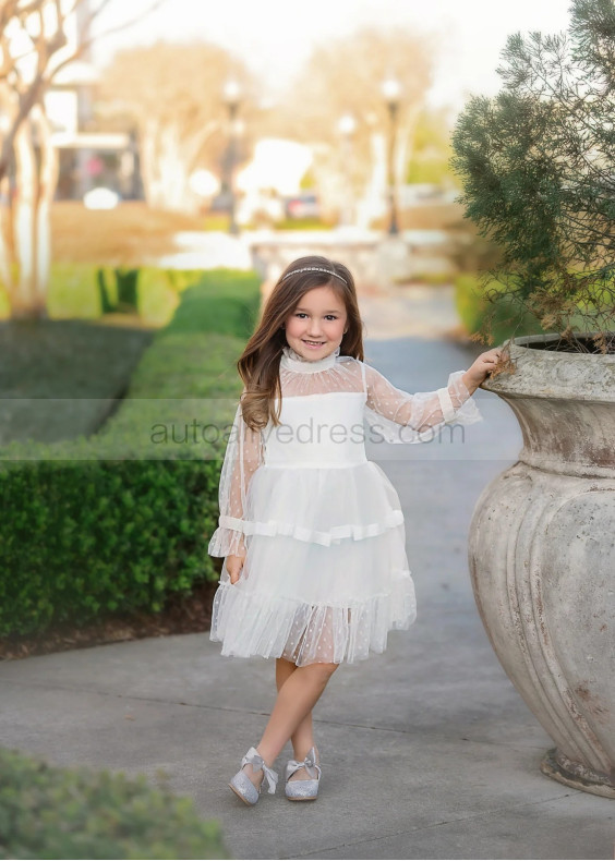 Long Sleeves White Dotted Tulle Velvet Cute Flower Girl Dress